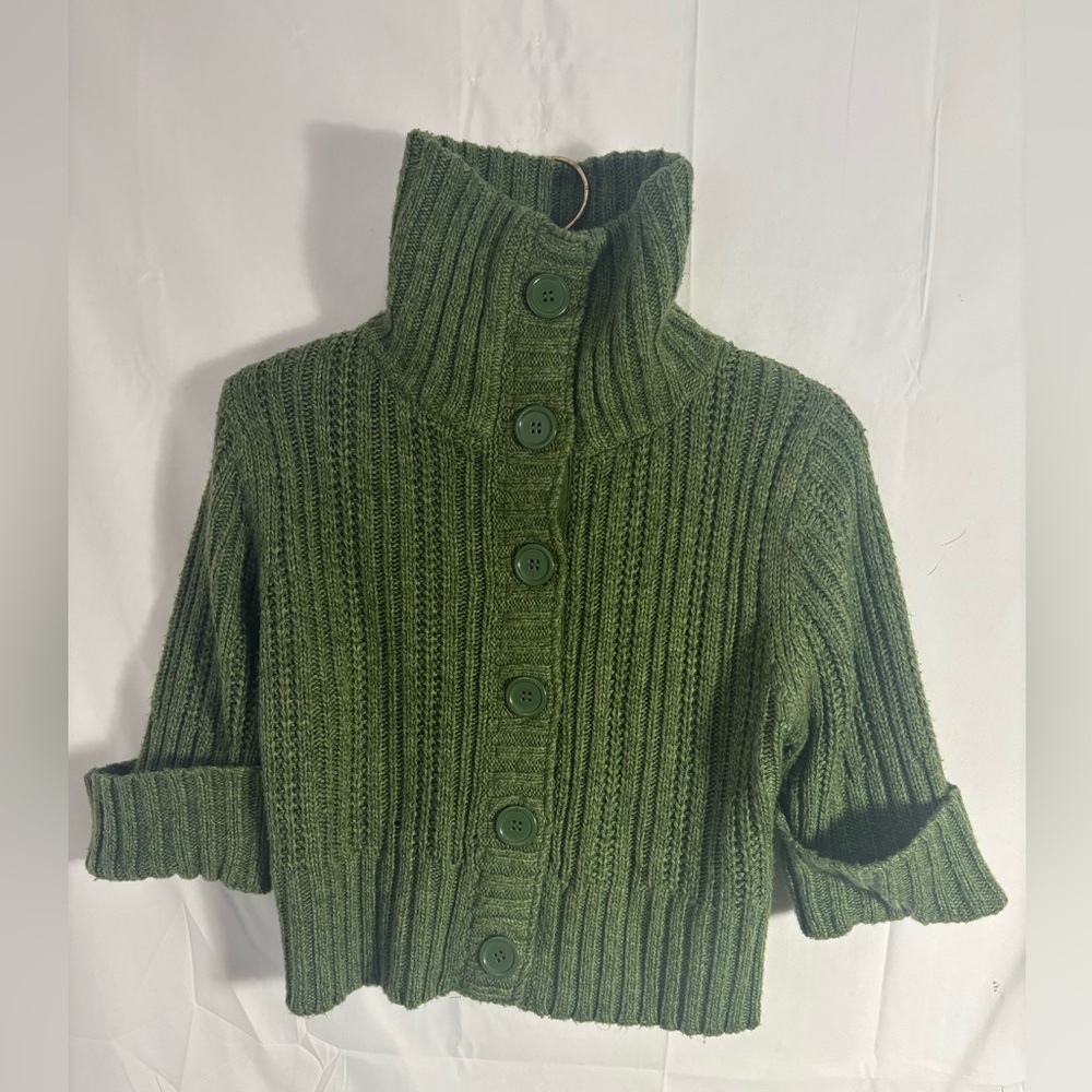 Y2K Chunky Green Cable Knit Collared Crop 3/4 Sleeve Sweater Size L - Picture 3 of 16